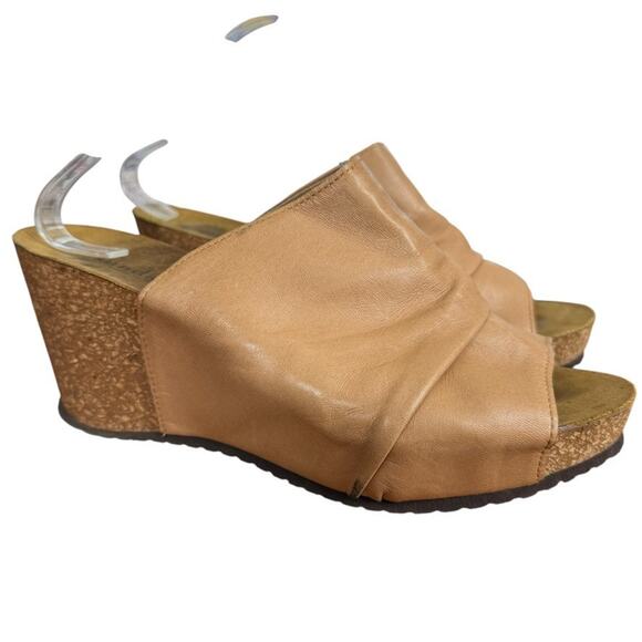Sundance Womens Leather Tan Wedge Cork Platform Sandals Slides Shoes 40 9 9.5 - Picture 1 of 16